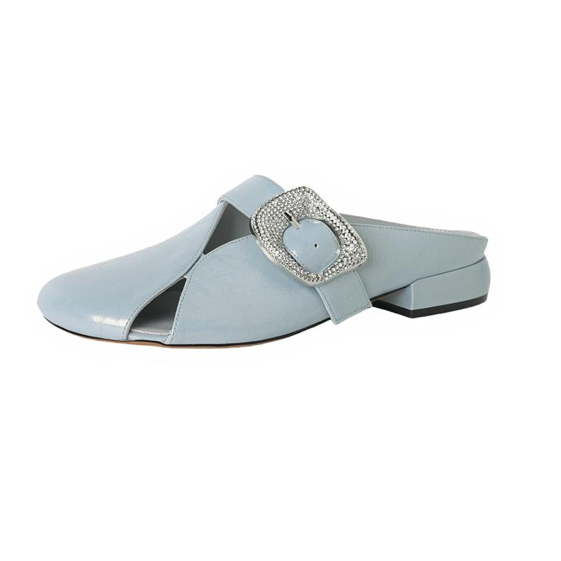 Fashion Women's New Spring and Summer Round Headed Genuine Leather Cowhide Hollow Out Breathable Low Heel Hooded Mueller Slippers