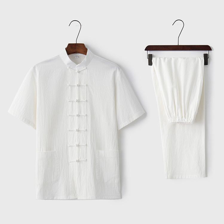 Tang-Anzug aus Baumwolle und Leinen für Herren: Kurzärmlig, Froschverschluss, Chinesischer Stil, Perfekt für Sommer und ältere Männer.