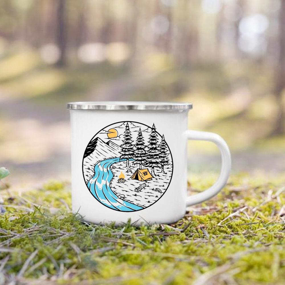 And So The Adventure Begind Printed Mug Campfire Party Beer Coffee Mugs Camping Enamel Cup Mountain Handle Cups Gifts for Camper