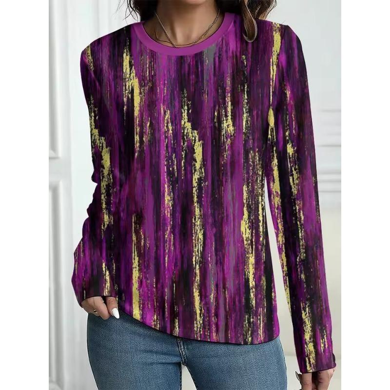 Autumn Women's T-Shirt Casual Long Sleeve Stripe Pattern Print Street O Neck Female Oversized Clothing Outdoor Vintage T Shirts