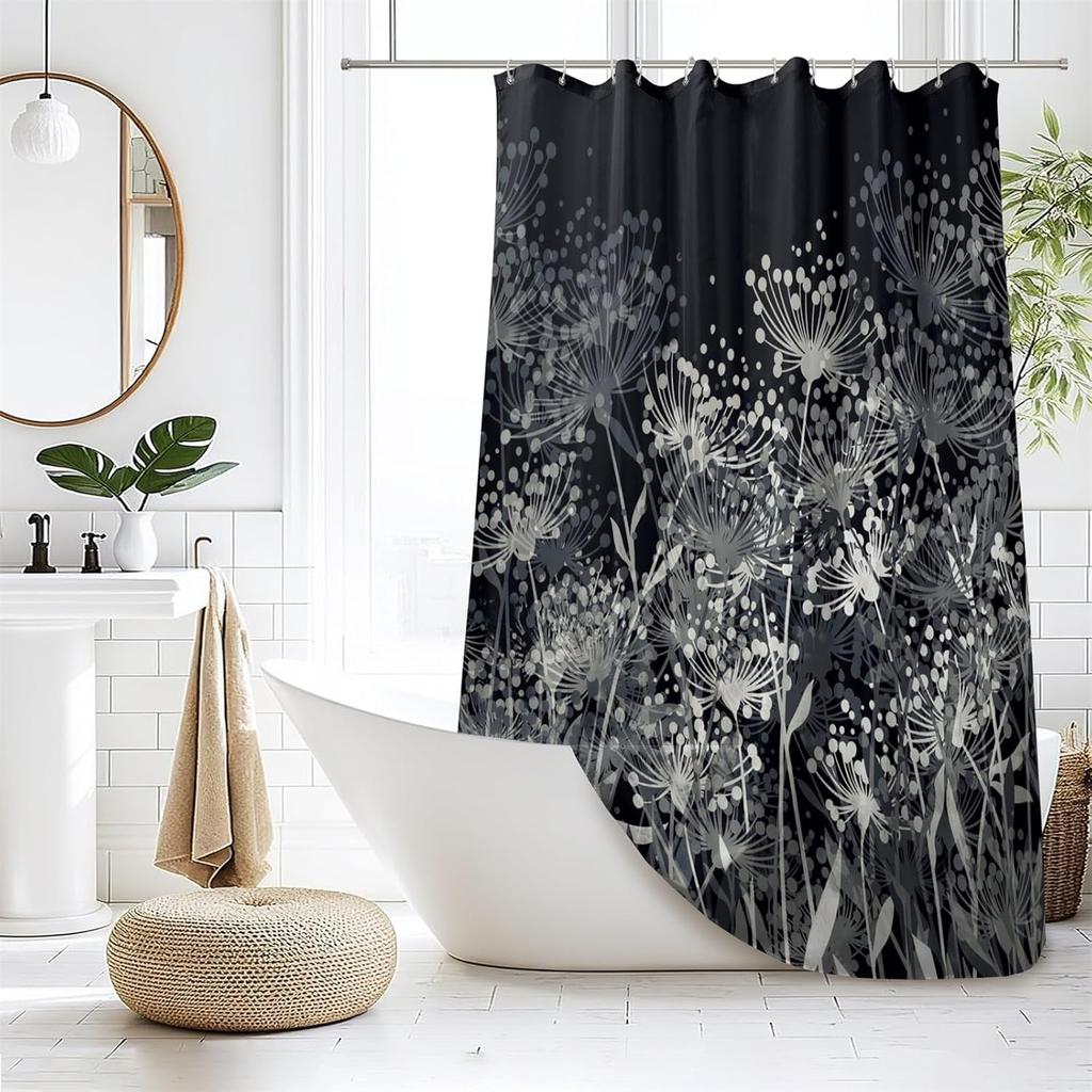 Renaiss Black and White Dandelion Shower Curtain Abstract Cute Floral Pattern Shower Curtain for Bathroom Art Painting Firework Design Shower