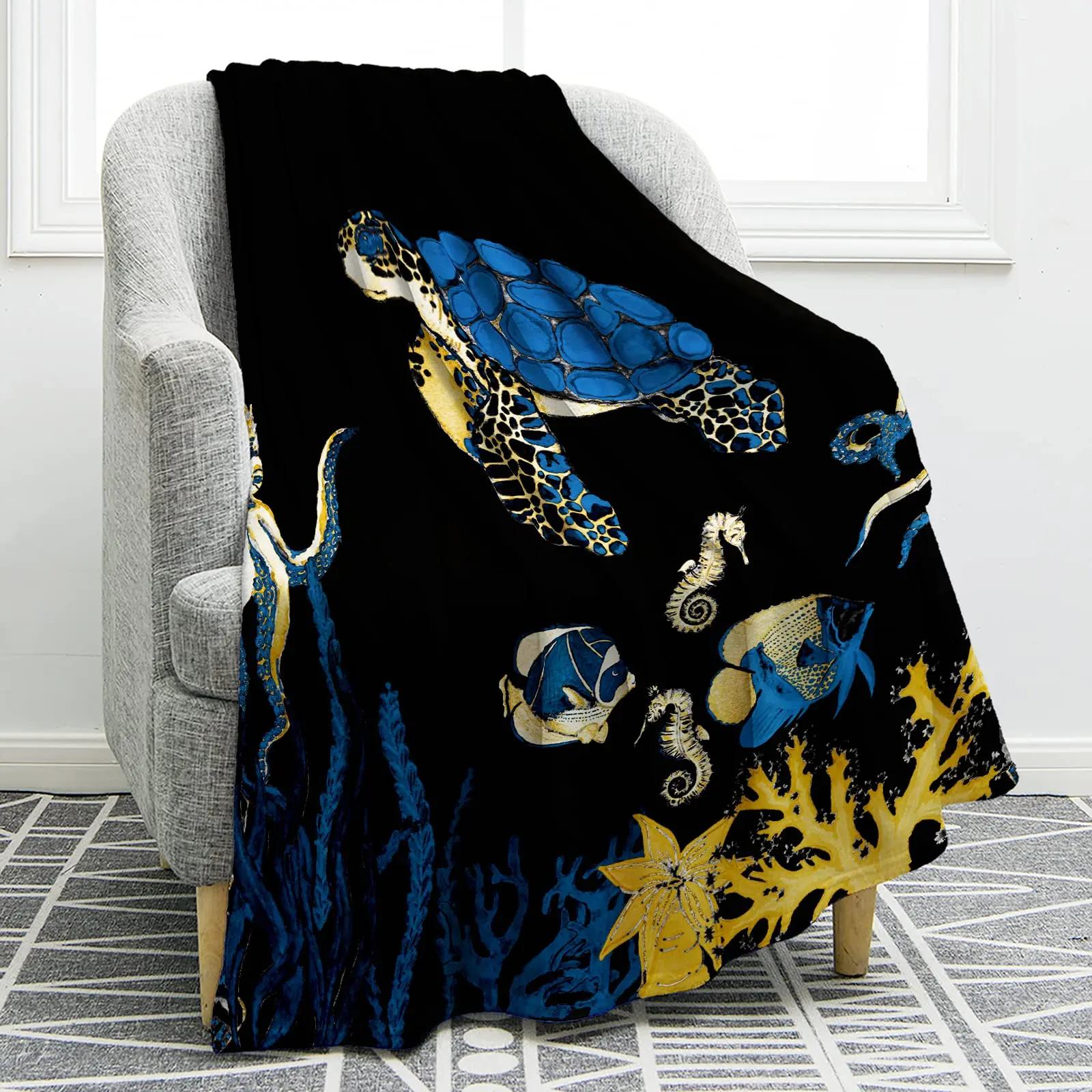 Kleurrijke Zee Schildpad Wilde Oceaan Dieren Flanellen Deken Plaid King Queen Maat voor Bed Bank Sofa Deken Super Zacht Lichtgewicht 70x100cm-XS