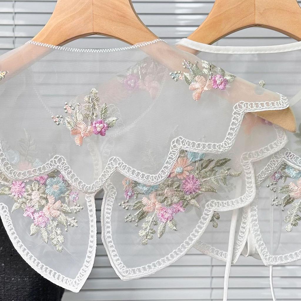 Elegant Organza Colorful Floral Embroidered Beaded Faux Collar for Fashionable Women Detachable Collar Shawl Capelet