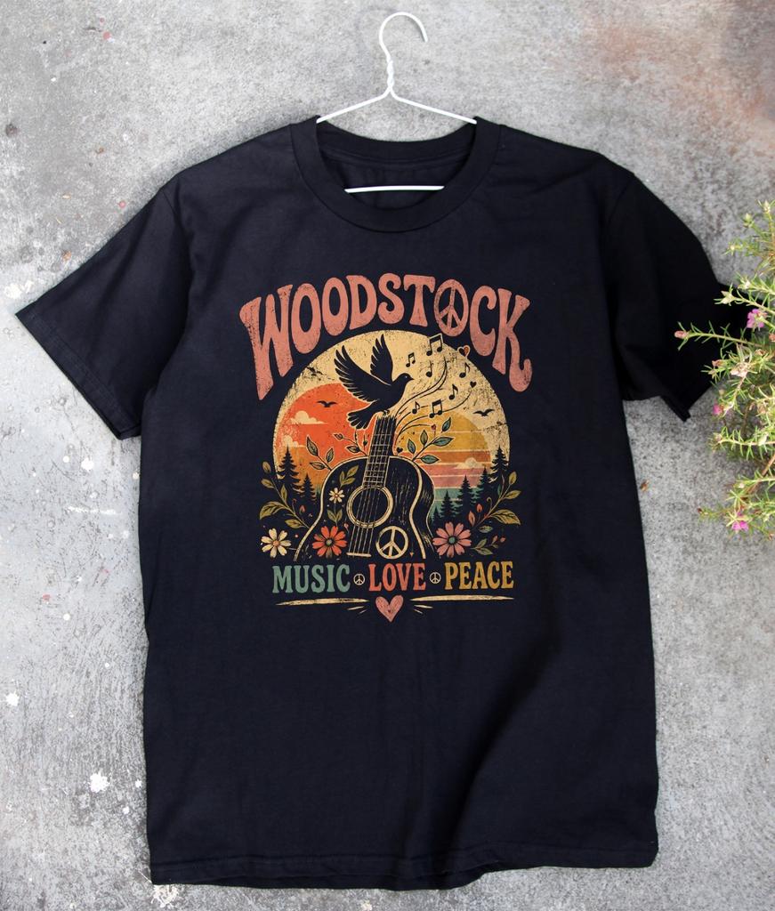 Woodstock Peace Love Music Guitar Dove Hippie Graphic T-Shirt