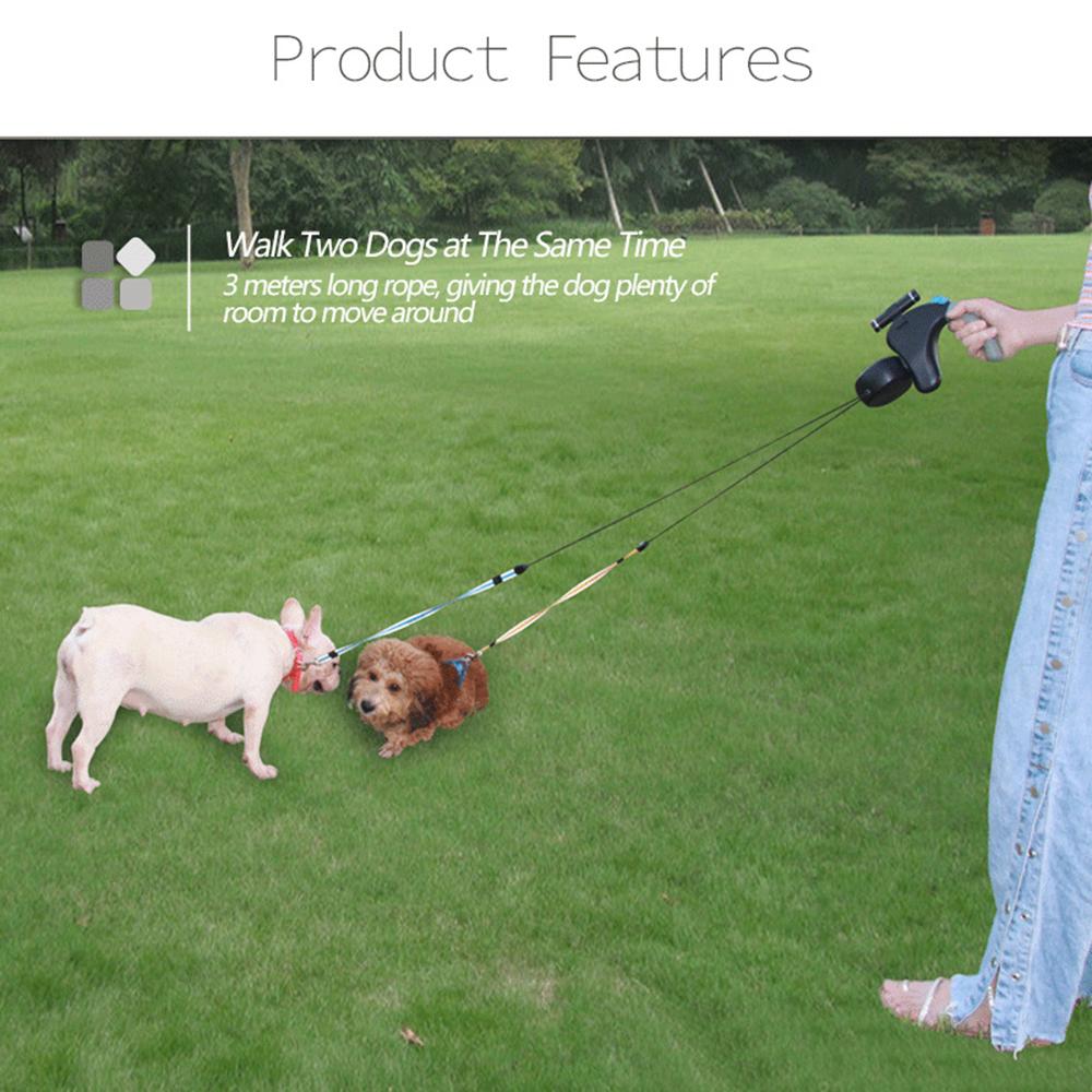 Rotation Pet Rope Pet Traction Rope Belt Retractable with Light Dual Dog Rope Leash Adjustable Double for 2 Dogs Walking