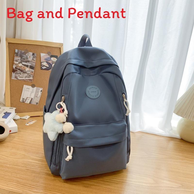 Simple Solid Color Student Lightweight Backpack With Plush Pendant For School