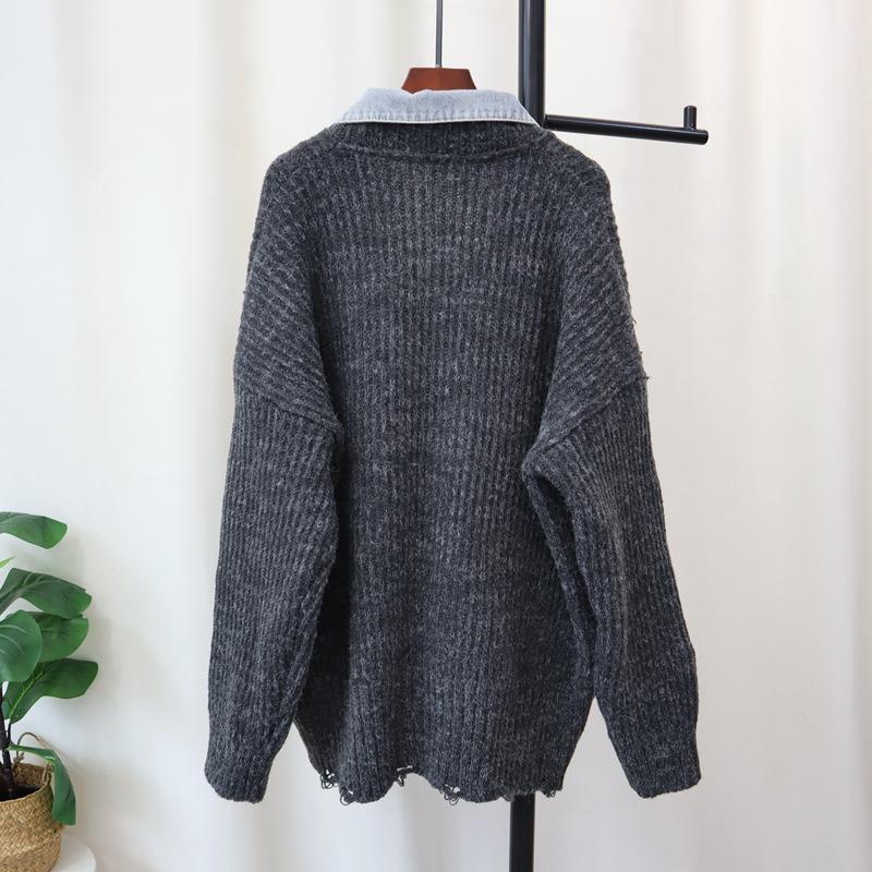 Autumn and Winter New Splicing Denim Knitted Cardigan Design Sense Loose Casual Sweater Jacket Women