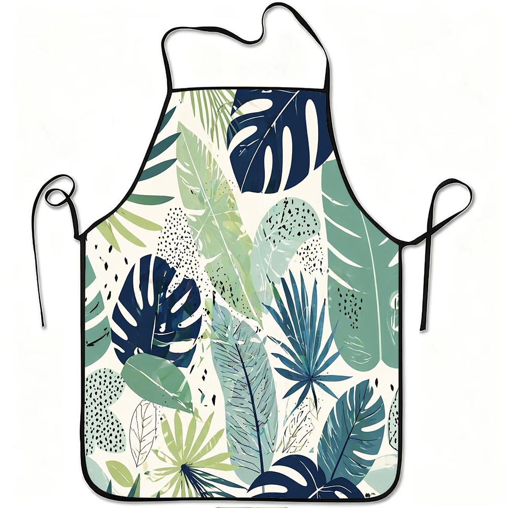 1pc Tropical Leaves Green Botanical Print Apron, Durable And Easy to Clean, Adjustable Waistband, Polyester Material, for Kitchen Cooking, Gardening,