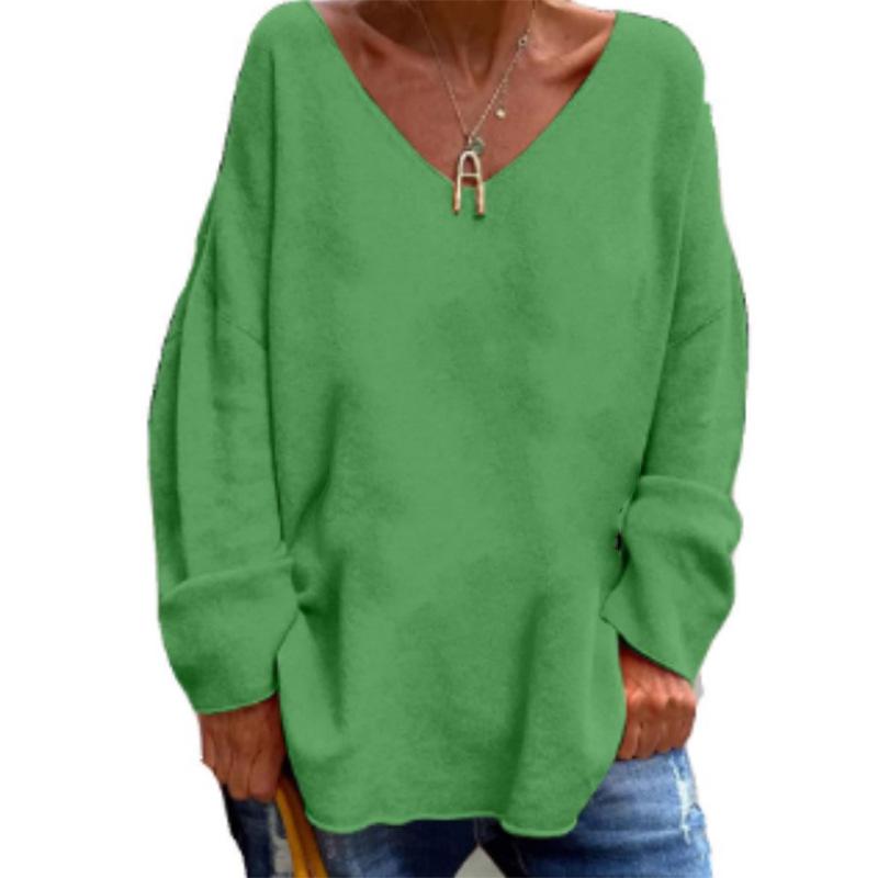 

2026 Autumn/Winter Women s Solid V-Neck Long Sleeve Loose Casual T-Shirt S темно-зеленого