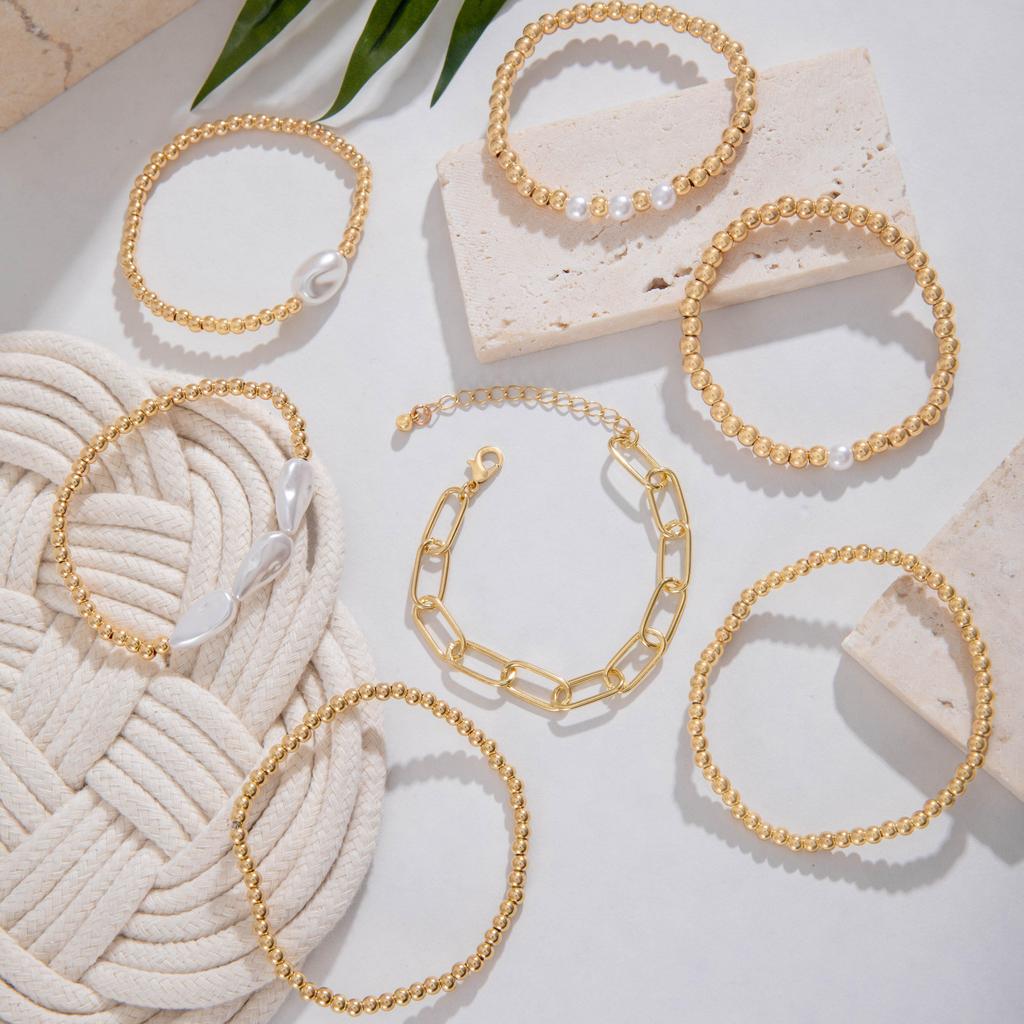 7PCS Fashion Versatile Bead Round Bead Chain Stacked Bracelet for Women's Jewelry with a Unique Design and Metal Style Bracelet Set