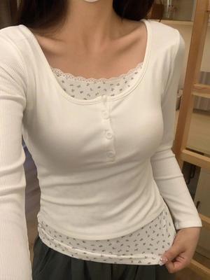 Ladies' Fake Two Piece Lace Patchwork Floral T-shirt Women's Top