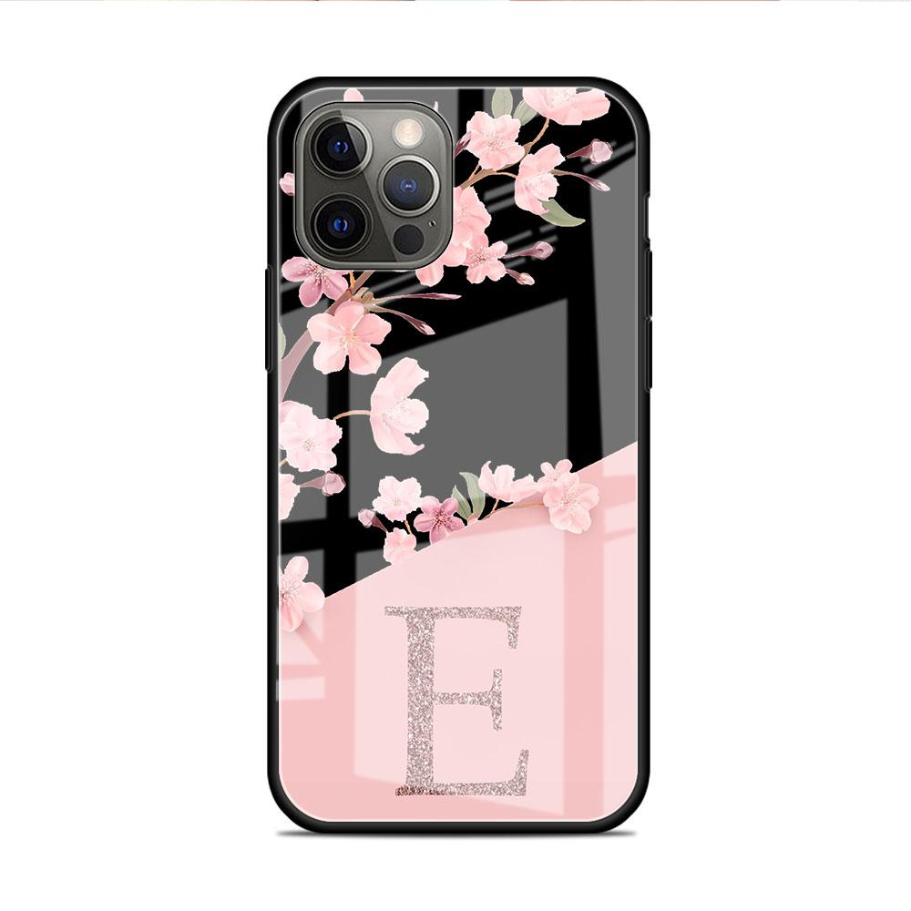Glass Case For Apple iPhone 14 13 Pro 11 12 7 8 Plus SE 2022 XR X XS Max 6 6S Phone Cover Custom Cherry Blossom Flower Initial