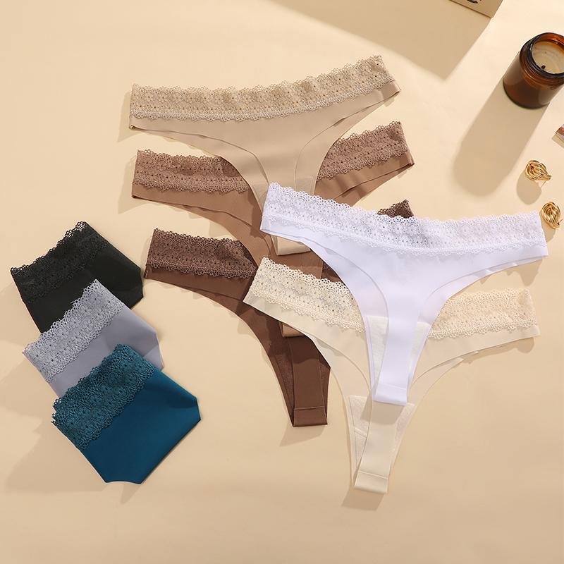4Pcs Sexy Hollow Lace G-String Girl Underwear Cotton Ladies Thongs Solid Seamless Soft Female Panties Low Waist Lingerie