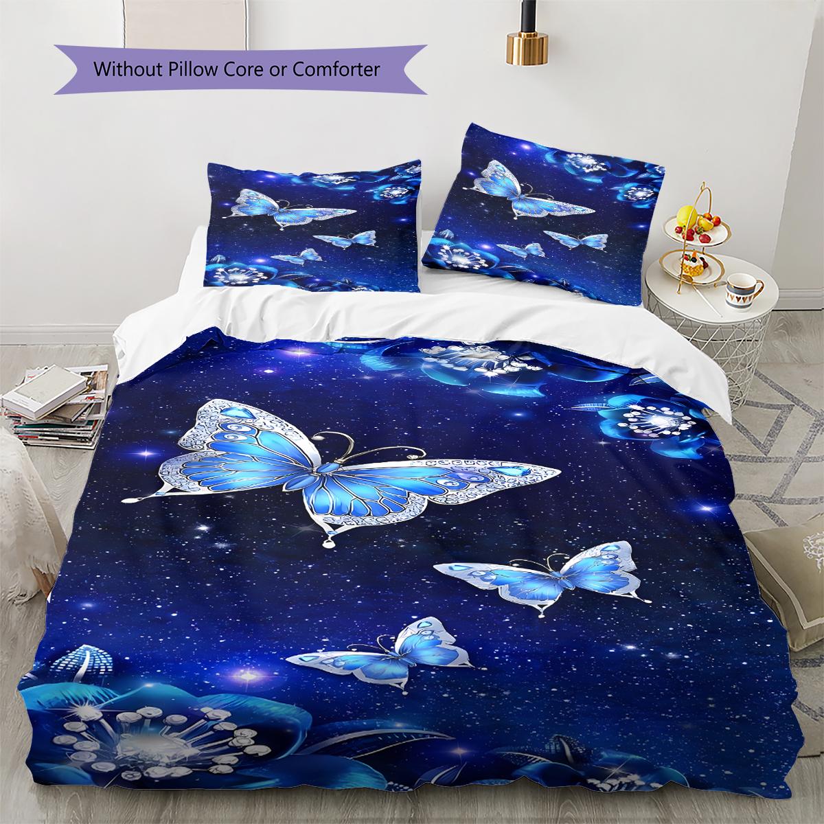 Blue Butterflies Pattern Bedding Quilt Set Quilt Cover Pillowcase Home Decoration Gift (1 * duvet cover + 2 * pillowcase, without core) 135x200cm