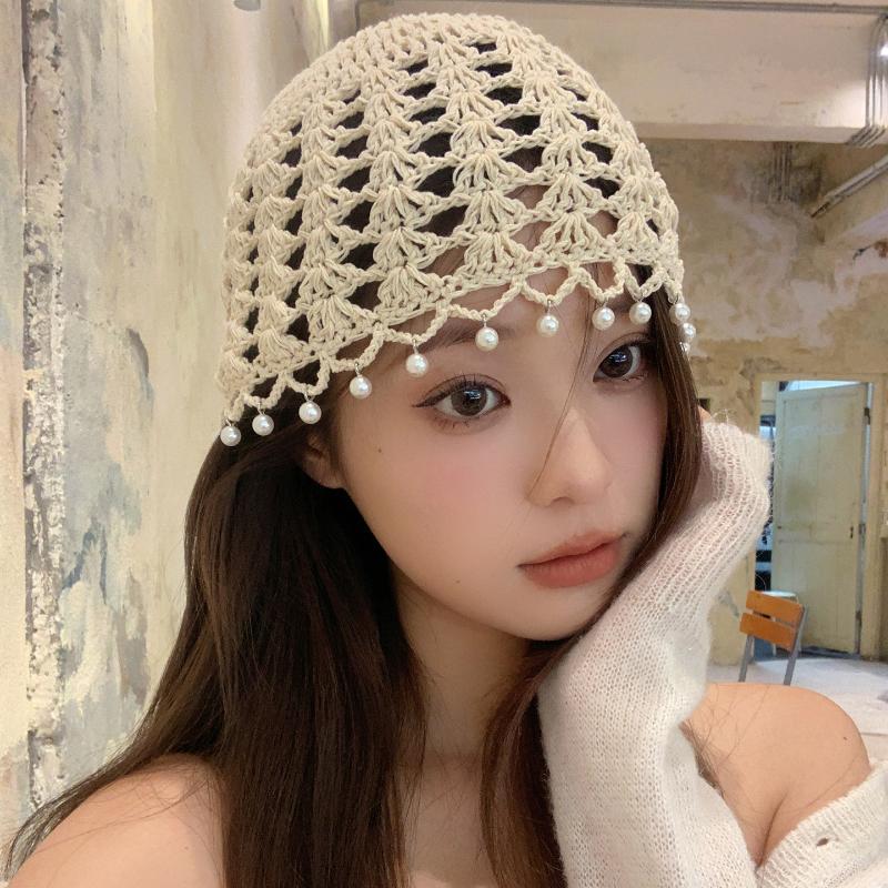 Beige Handmade Crochet Hat Hollow Out Design Faux Pearl Accents Perfect For Boho Daily Wear Vacation Trips