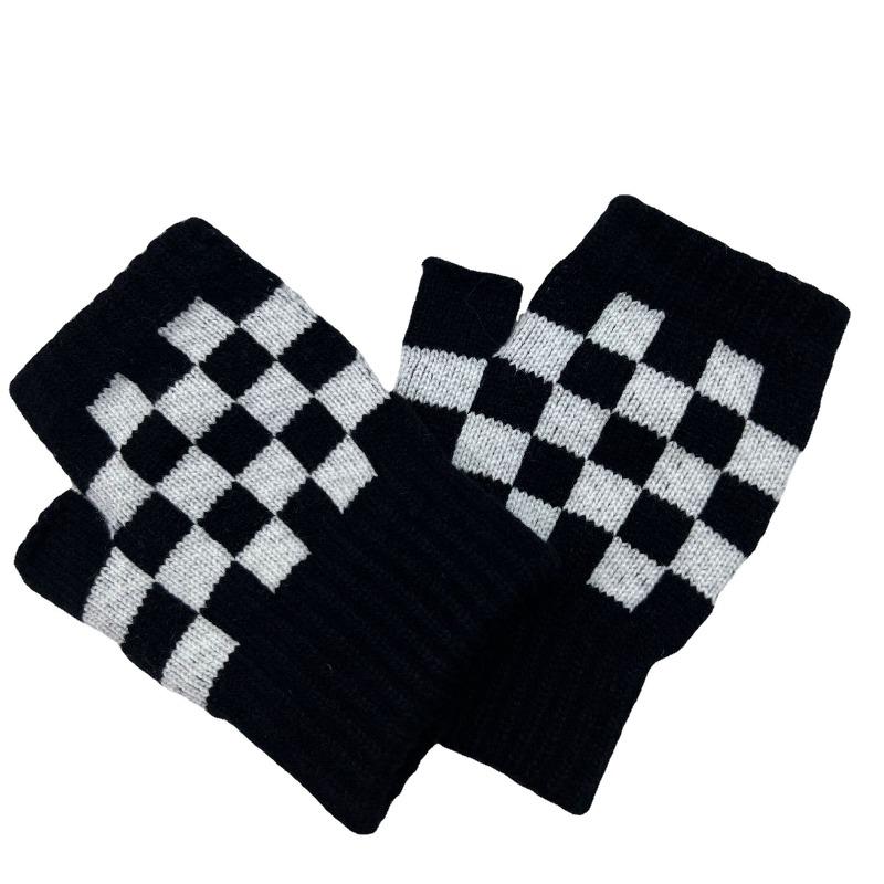 Black and white checkerboard half-finger gloves female couple knitting winter student writing cycling warm half typing tide