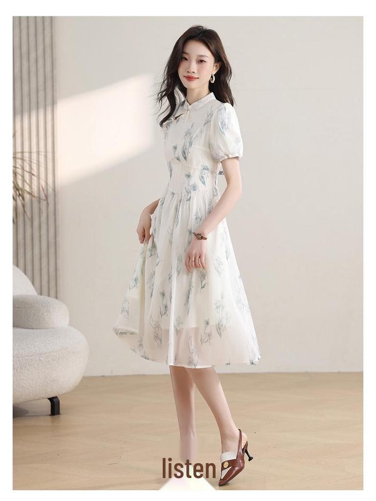 New Chinese Style Summer 2026 Women's Dress: Zen Puff Sleeve Cheongsam
