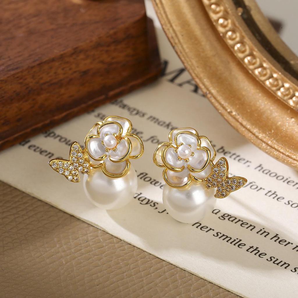 High-End French Enamel Camellia Butterfly Pearl Stud Earrings