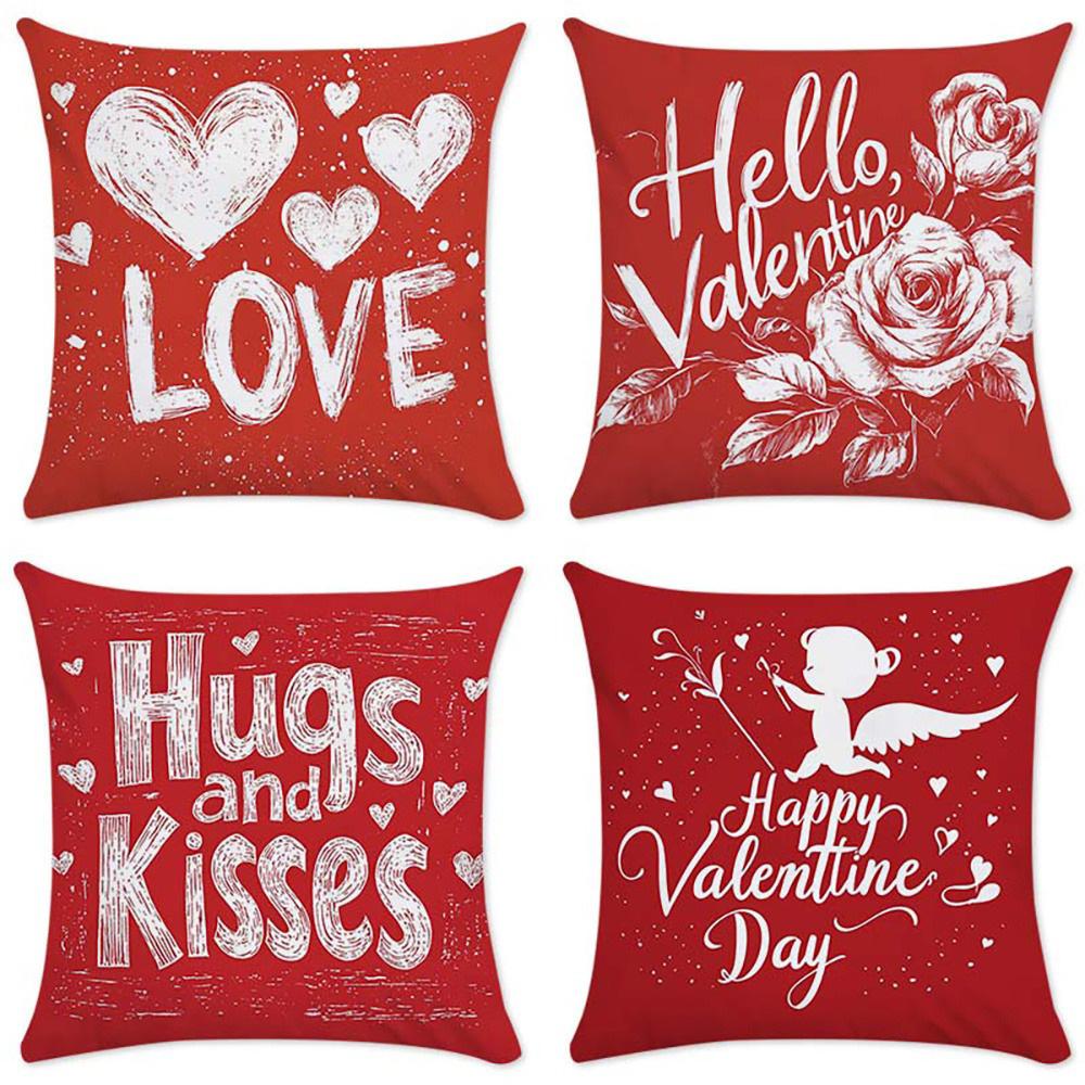 

1/4 шт. Червоні наволочки на День святого Валентина: Любов, Обійми, Поцілунки та Щасливі Побажання! Чохол на подушку для дивана домашній декор спальні 45x45cm