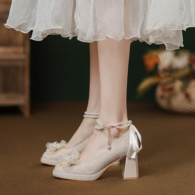 Escarpins Mary Jane pour femmes 2025 nouveau printemps talon épais Xiuhe deux ports chaussures de mariage chaussures de mariée chaussures simples