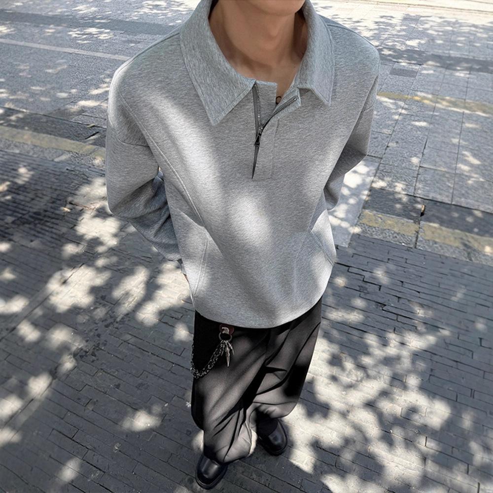 

Gray Right Shoulder Polo Shirt Long Sleeve T-Shirt Men s Autumn Half-Zip Sweatshirt Breathable Fabric Comfortable Wear Practical Daily Use M