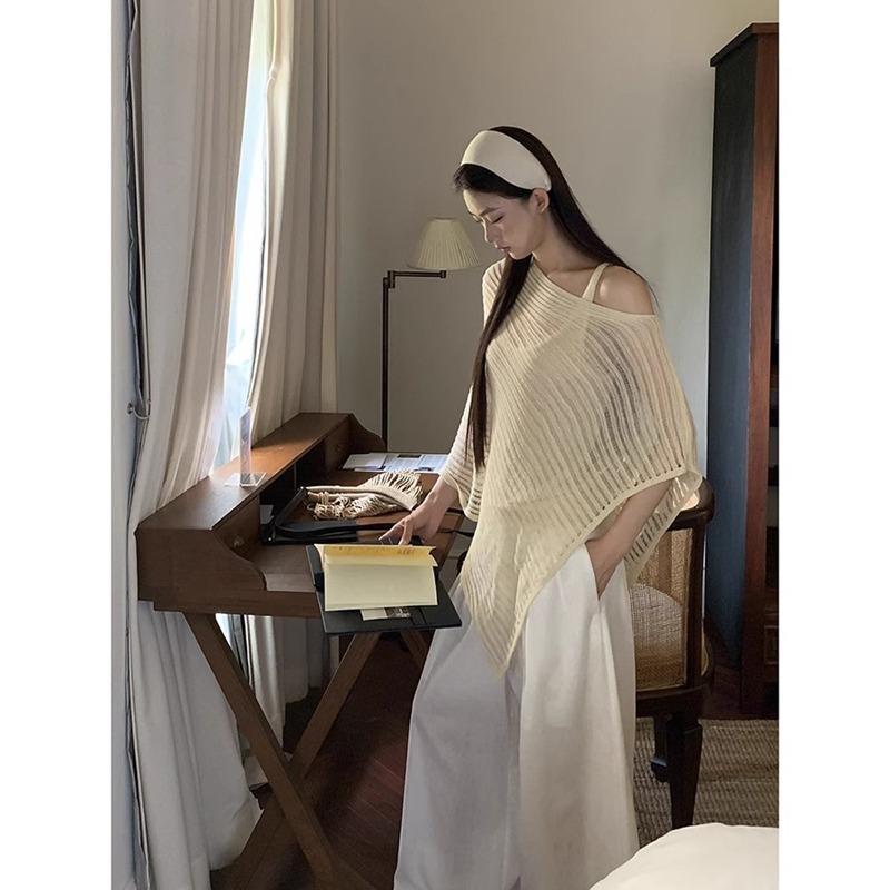 Summer Knitted Sunscreen Women Blouse Hollow Out See Through Pullover Sweater Bat Sleeve Shawl Top Loose Casual Simple Covers Up Irregular Long Shirt