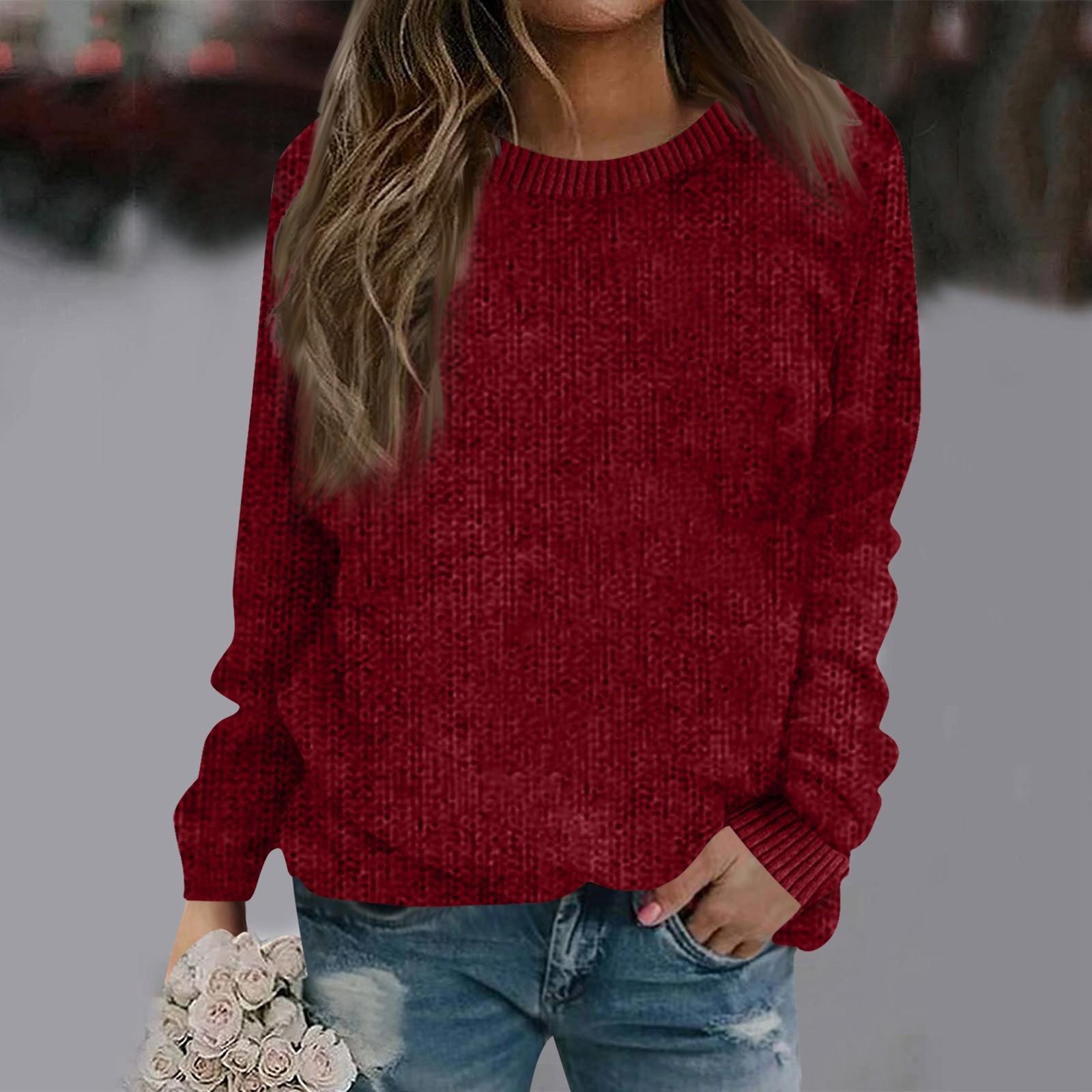 

Свитшоты для женщин Вязаный свитер Милая рубашка Осенний круглый вырез Пуловер Топы S винный