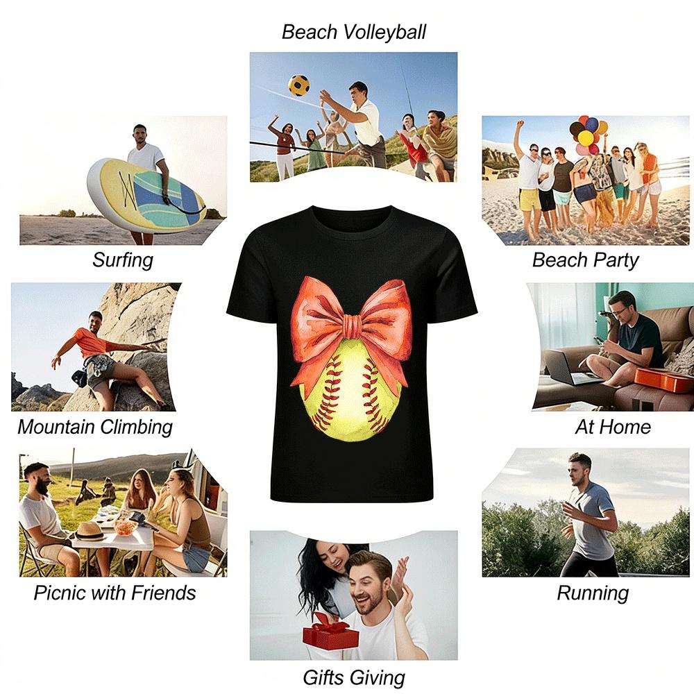 Softball Bow Print Casual Crewneck Tee For Sports Fans Pure cotton T-shirt
