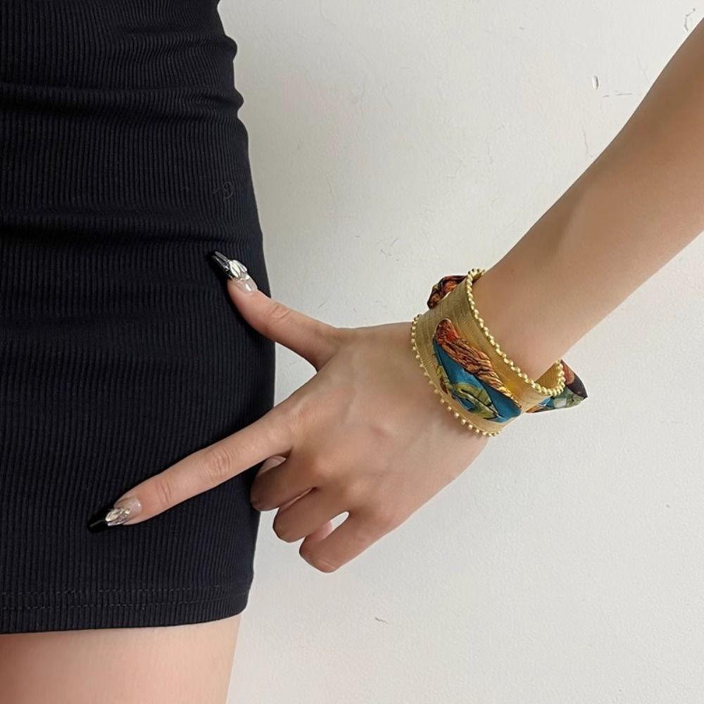 Metal Cuff Bangles with Ribbon Minority Design Exaggerated Bracelet Wide Open Bangle  Women