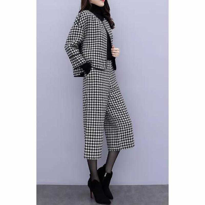 Completo Pantaloni Larghi Coreani Moda Autunno Inverno Tempo Libero Manica Sette Punti Cappotto di Lana Giacca a Quadri Outfit Donna