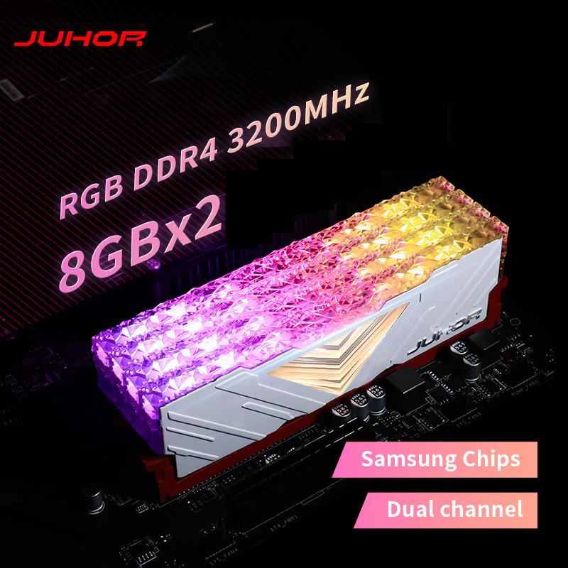 

Комплект JUHOR Memoria Ram RGB DDR4 8GBX2 16GBX2 3200 МГц, двухканальный потрясающий настольный Memoria Ram