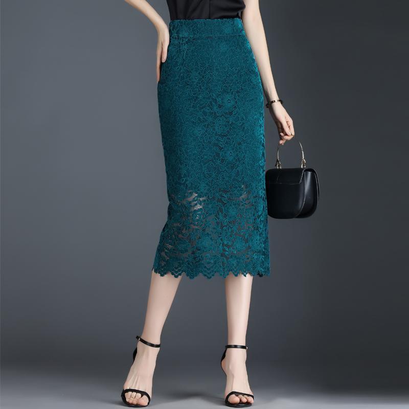 

2024 Летняя женская узкая кружевная юбка миди с разрезом L