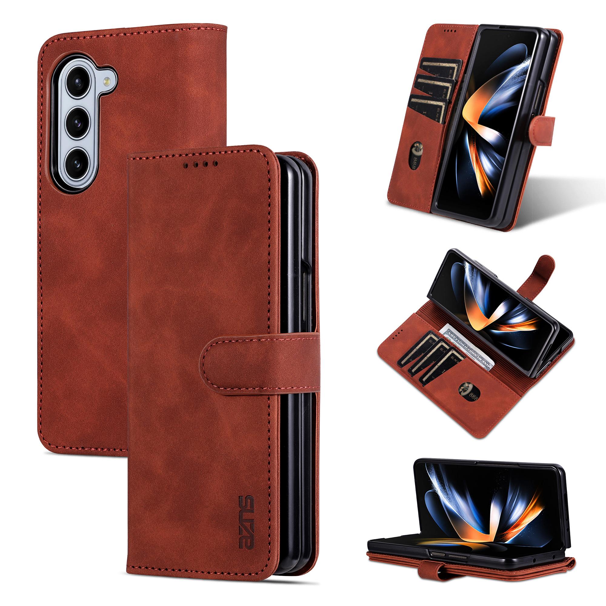 

AZNS для Samsung Galaxy Z Fold6 5G чехол ПК внутренний PU кожаный чехол для телефона кошелек Brown