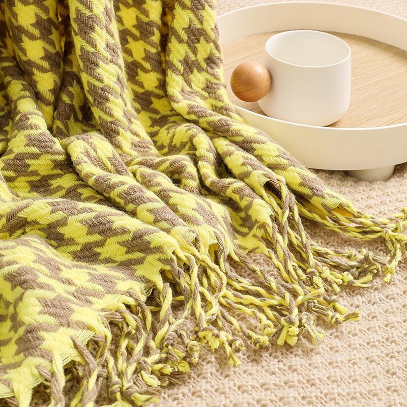 Houndstooth Tassel Woolen Blanket Summer Thin Air Conditioning Blankets For Office Living Room Sofa Cozy Nap Cushion Shawl