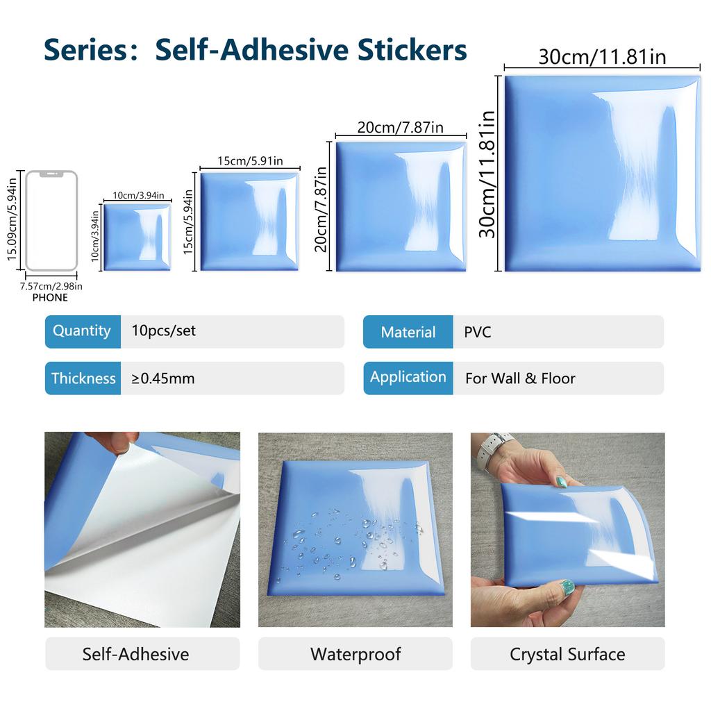 10Pcs Luxury Crystal Blue Wall Stickers Imitation Brick Bedroom Decoration Waterproof Self Adhesive Tile Wallpaper Kitchen Cupboard Decor