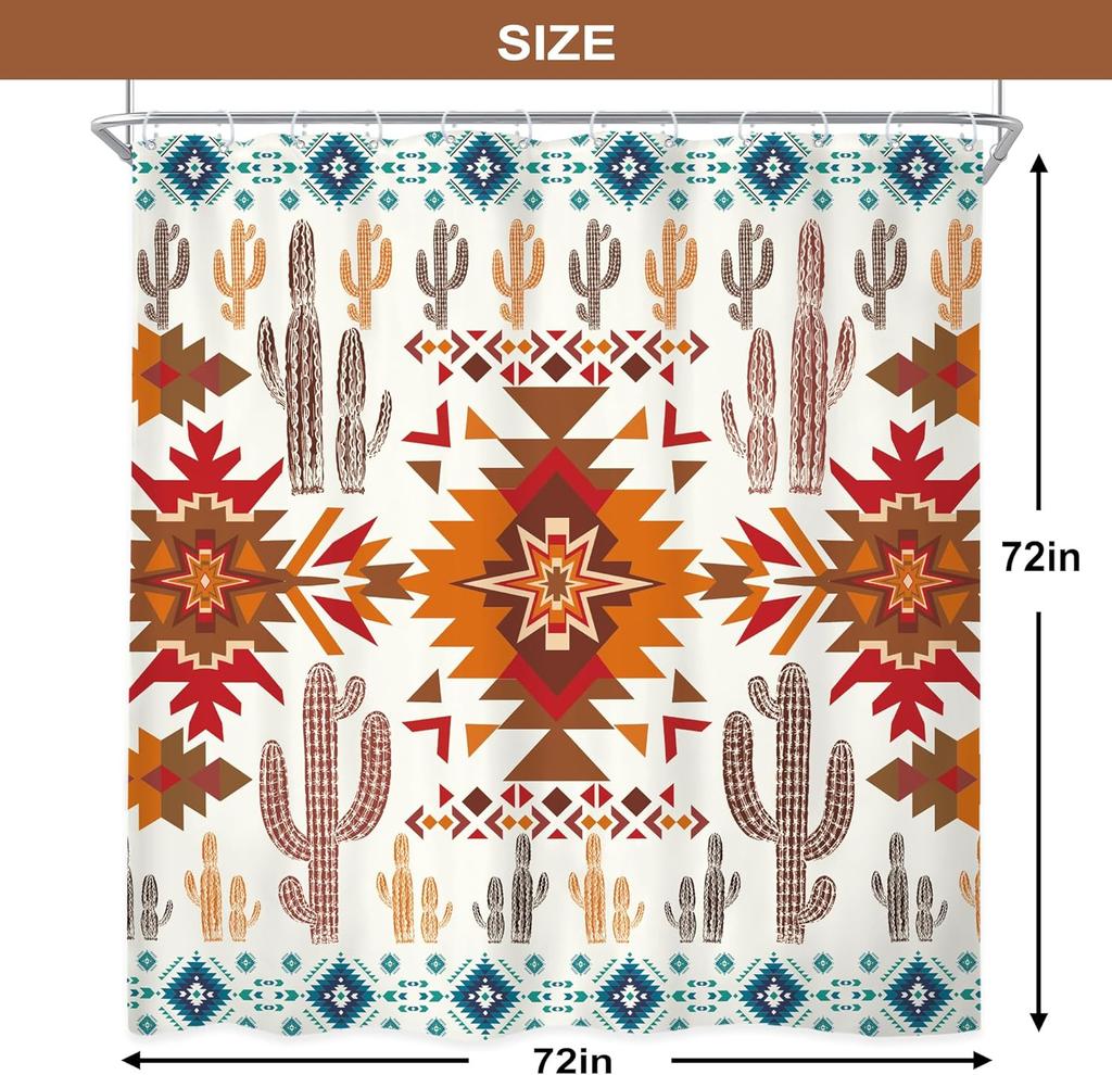 Orange Brown Western Aztec Cactus Shower Curtain Southwestern Boho Tribal Geometric Ethnic Bathroom Native American Waterproof
