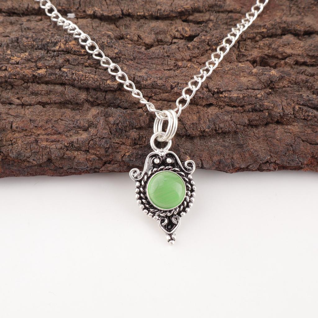 Natural Green Cat's Eye Gemstone 925 Sterling Silver Jewelry Handmade Pendant PP-39-44