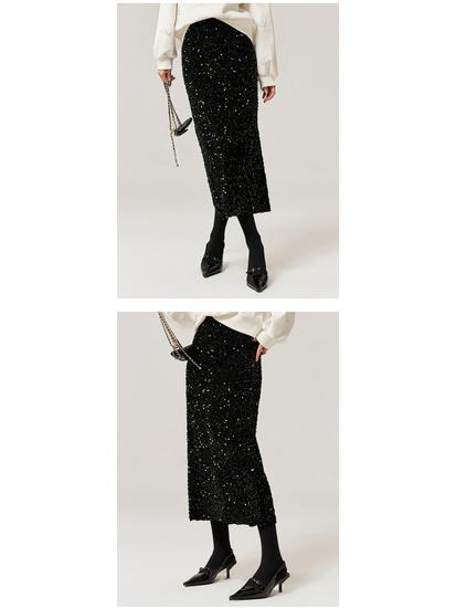 Velvet Sequin A-line Black Skirt - Women's 2025 Autumn/Winter Collection