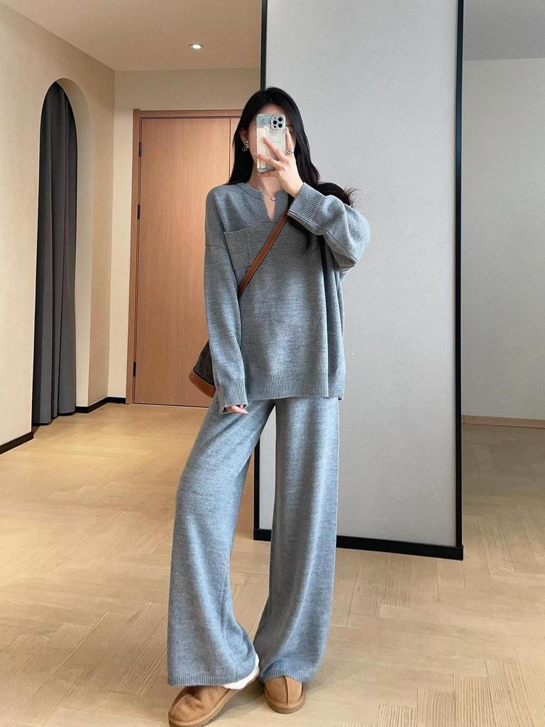 Light Knit Autumn-Winter V-Neck Sweater & Wide-Leg Pants Women’s Set