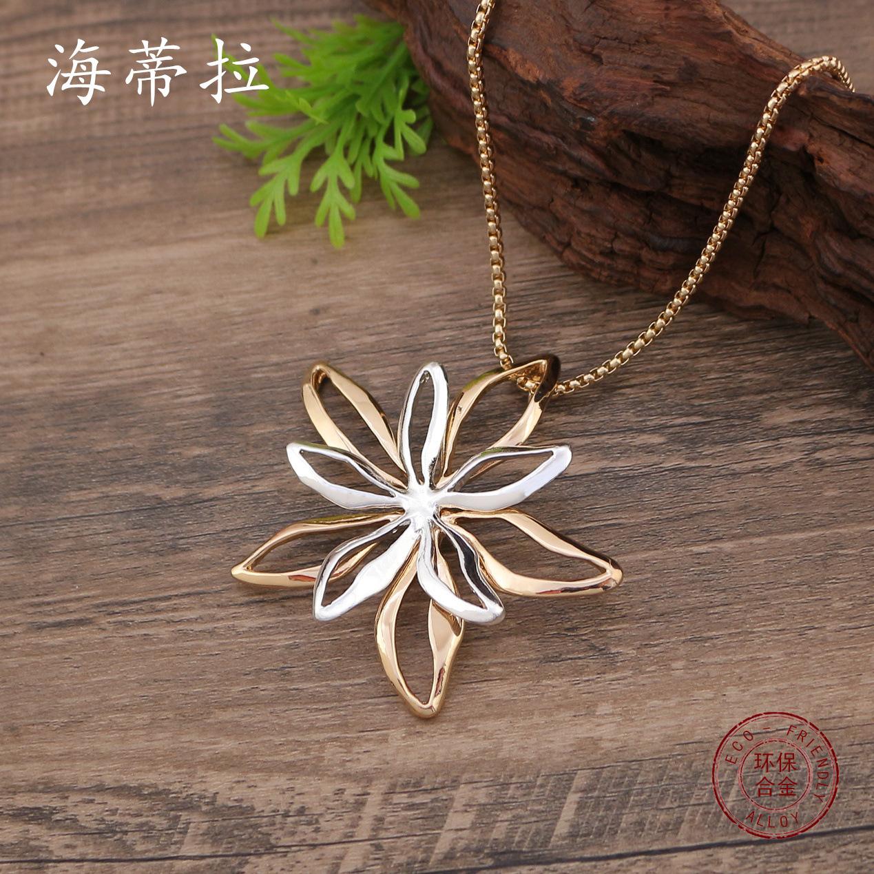 

New glossy geometric hollowed-out flower pendant, women s exaggerated high-grade zinc alloy flower necklace