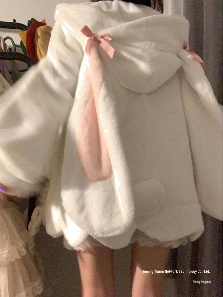 Cute Rabbit Ears Lambswool Sweatshirt Jacket for Women 2025 Winter Petite Size Fleece Lined