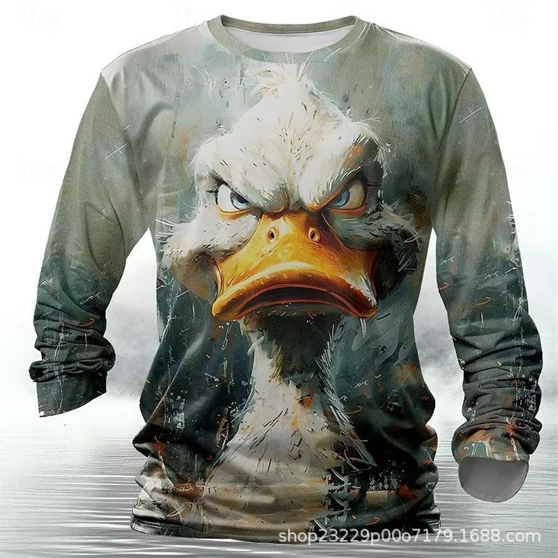 Mens Long Sleeve T Shirt Cartoon Animal Print Casual Loose Fit Round Neck Tee Teens