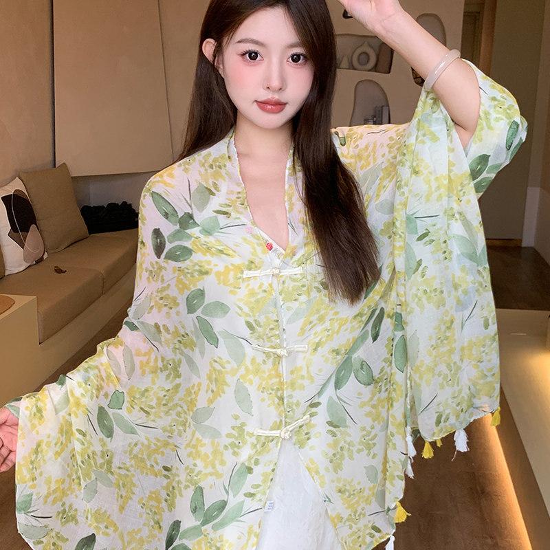 Small fresh white floral silk scarf women's summer travel buckle sunscreen large shawl beach towel thin yarn scarf scarf