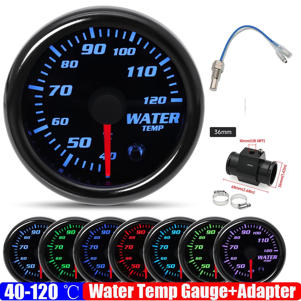 Smoked Face 7 Color Light 52mm Water Temperature Gauge with Temp Joint Pipe Sensor 26-40mm Hose Adapter for Gasoline Car 12V