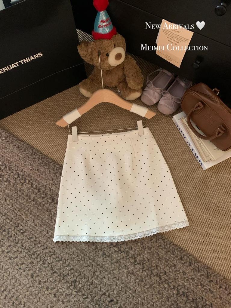 Polka Dot Lace Trim A-Line Midi Skirt, Spring/Summer 2025 Fashion, Petite High-Waist Hip-Hugging Fit