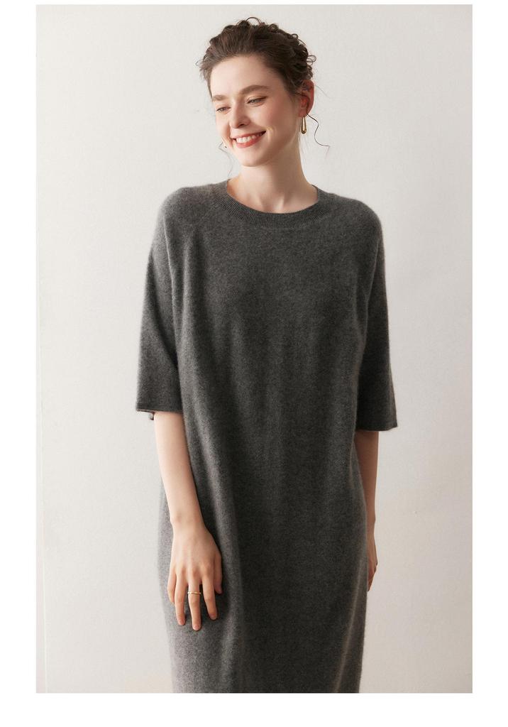Korean Style Short Sleeve Cashmere Knit Dress for Women - Slimming Long Pullover with Round Neck, Autumn/Winter
