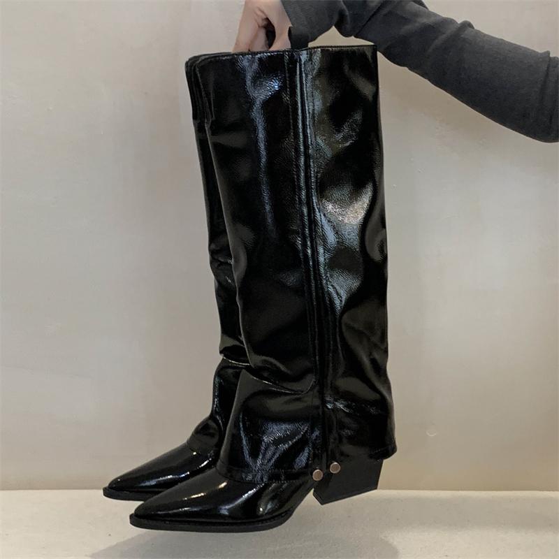 Eilyken Winter Fashion Pointed Toe Women Knee High Boots Designer Splicing Square Heels Shoes Elegant Button Long Bottes