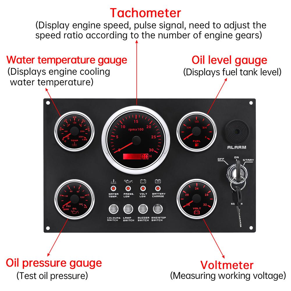 1x New 5 Gauge Set with Instrument Panel Tachometer 4000RPM For Marine Boat 12V