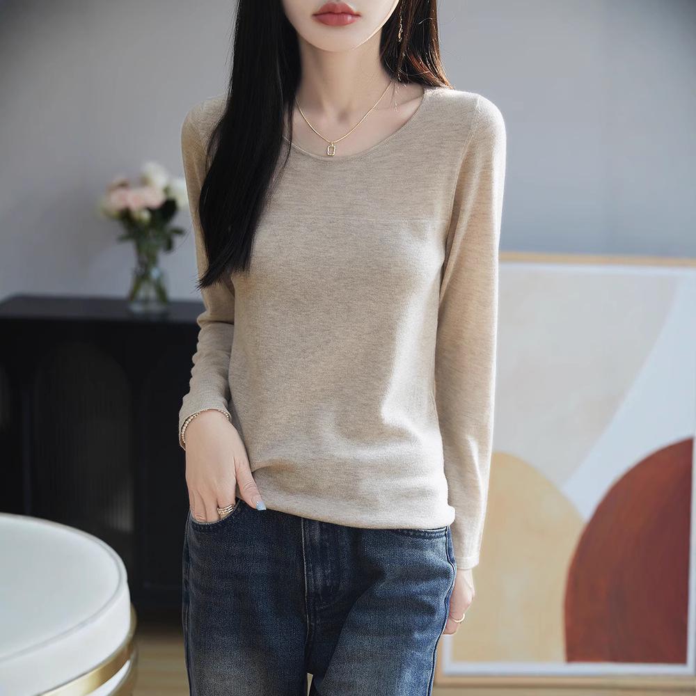 Women's Fine Wool Slimming Crew Neck Long Sleeve Knit Pullover Sweater