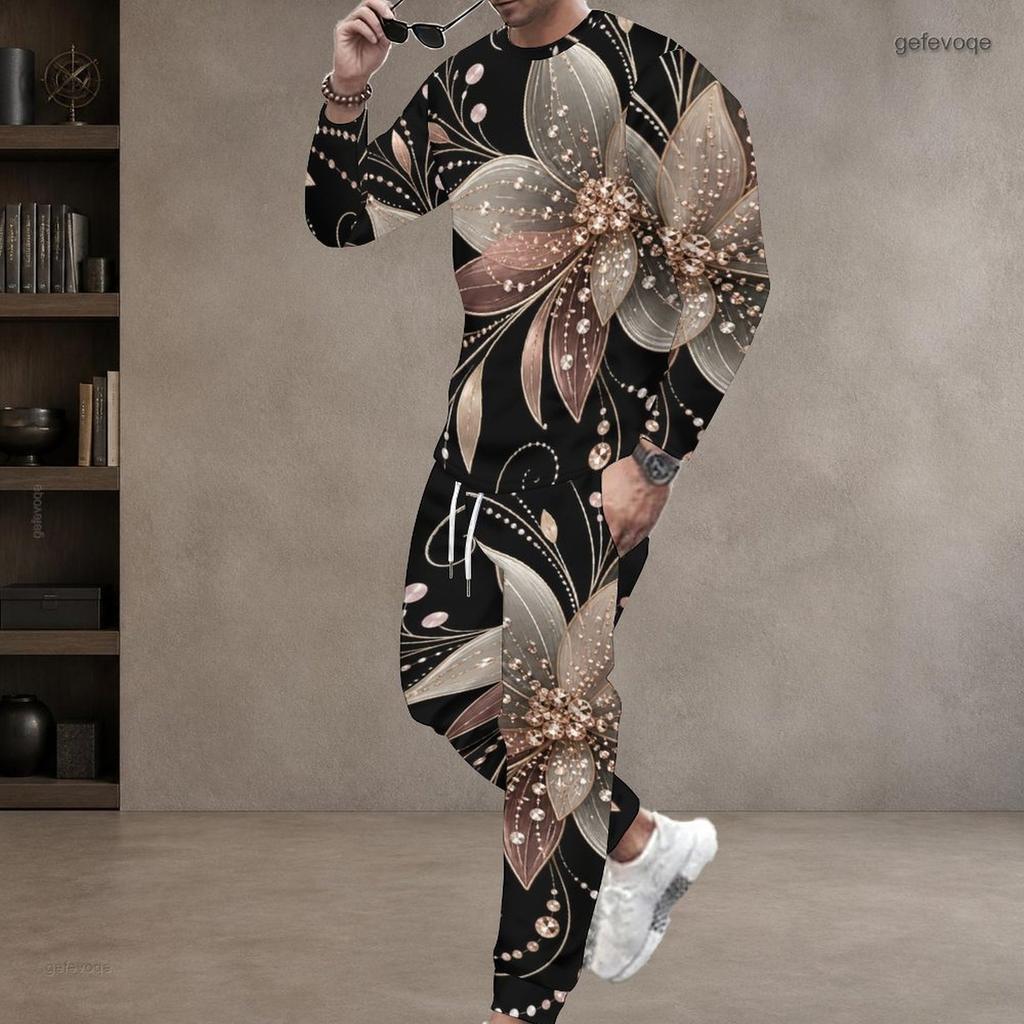 Men Plus Size White Printed Two Piece Set Round Neck Long Sleeve Top Cuffed Pants With Pockets